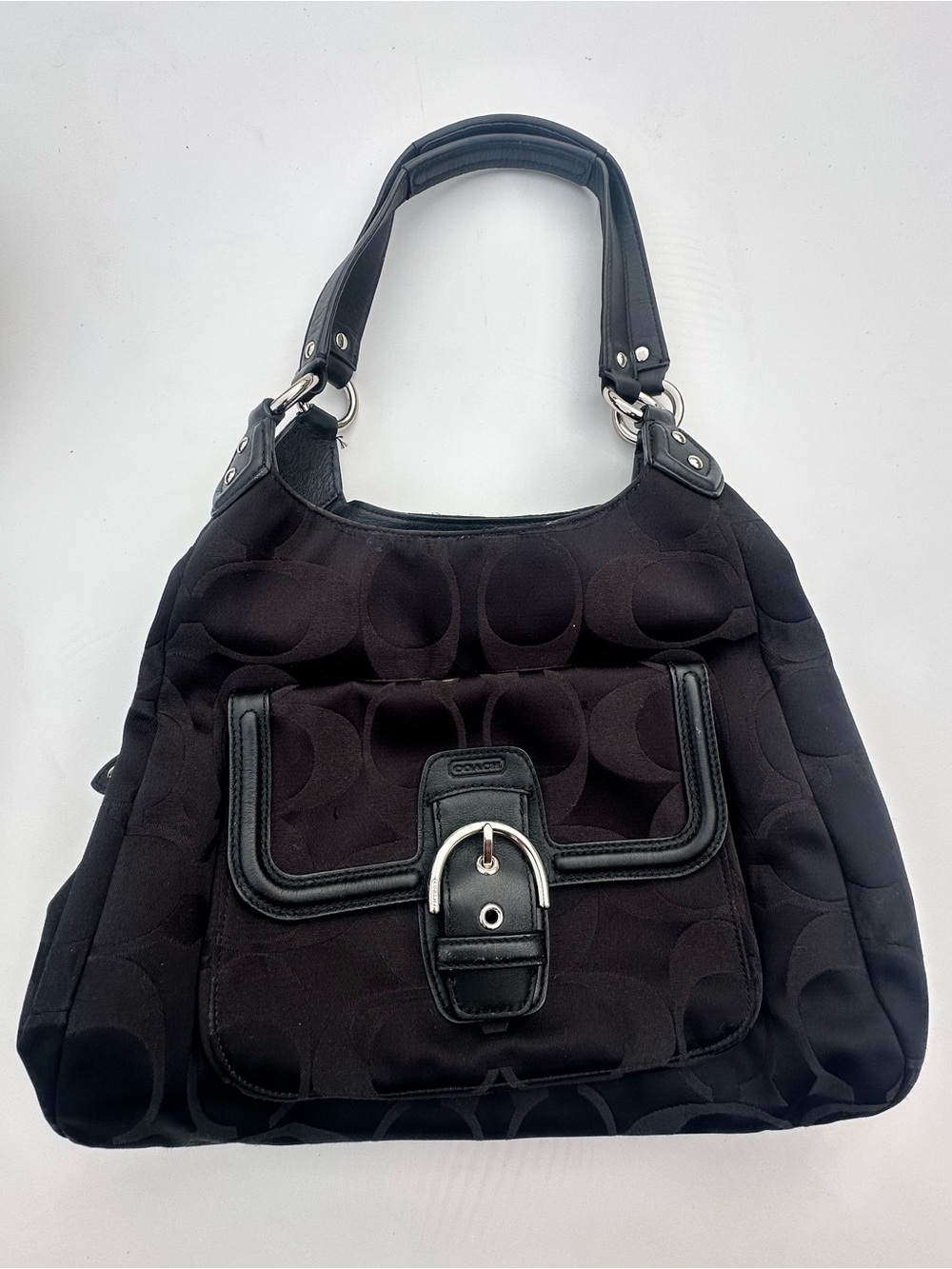 Coach Black Signature Canvas Shoulder Tote with Front Buckle Pocket